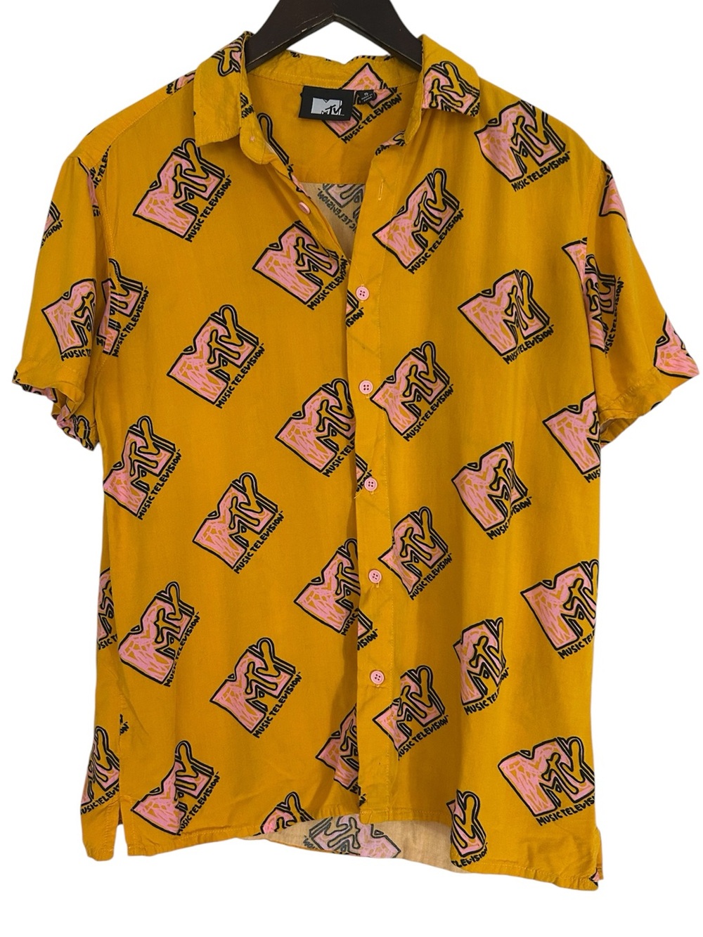 MTV Mustard yellow Short-Sleeve Button-Up Shirt with Pink Logo Print